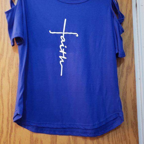 Beautiful, royal blue, cold shoulder blouse with "Faith" on front. Like new. - Picture 2 of 5